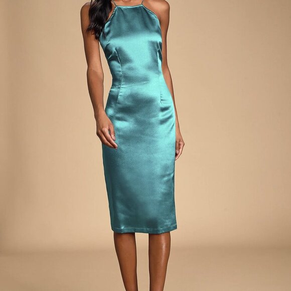 NWT Lulus Zoyah Teal Green Satin Backless Midi Dress - Picture 4 of 9